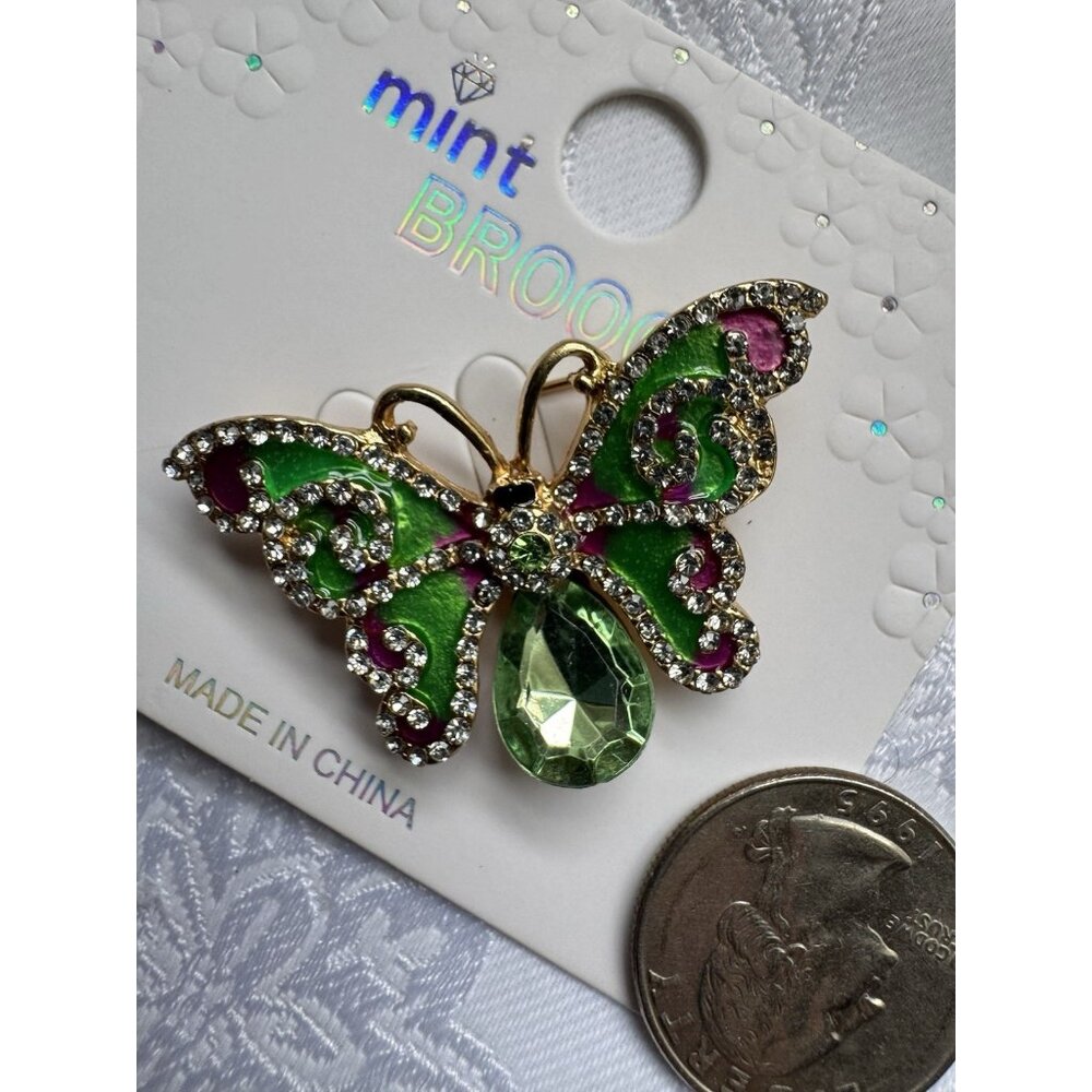 Mint Enamel Rhinestone Butterfly Brooch Green Purple Gold 1.2" NEW